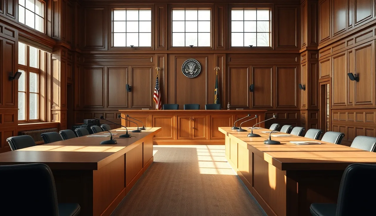 Empty administrative law judge hearing room with microphones and morning light