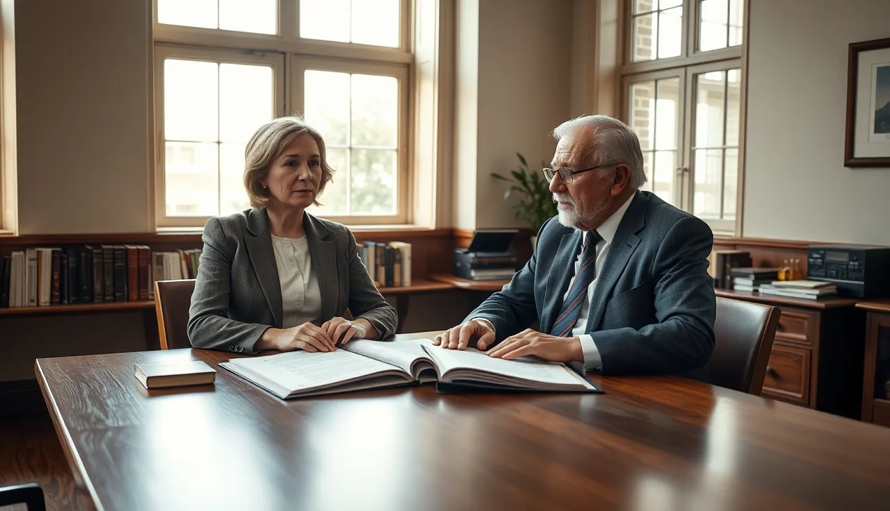 Woman and attorney reviewing disability claim documents at a wooden office table