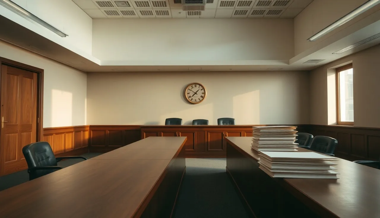 Empty Social Security disability hearing room with wooden table and chairs
