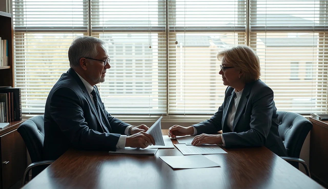 Disability claimant and attorney reviewing documents at a law office table