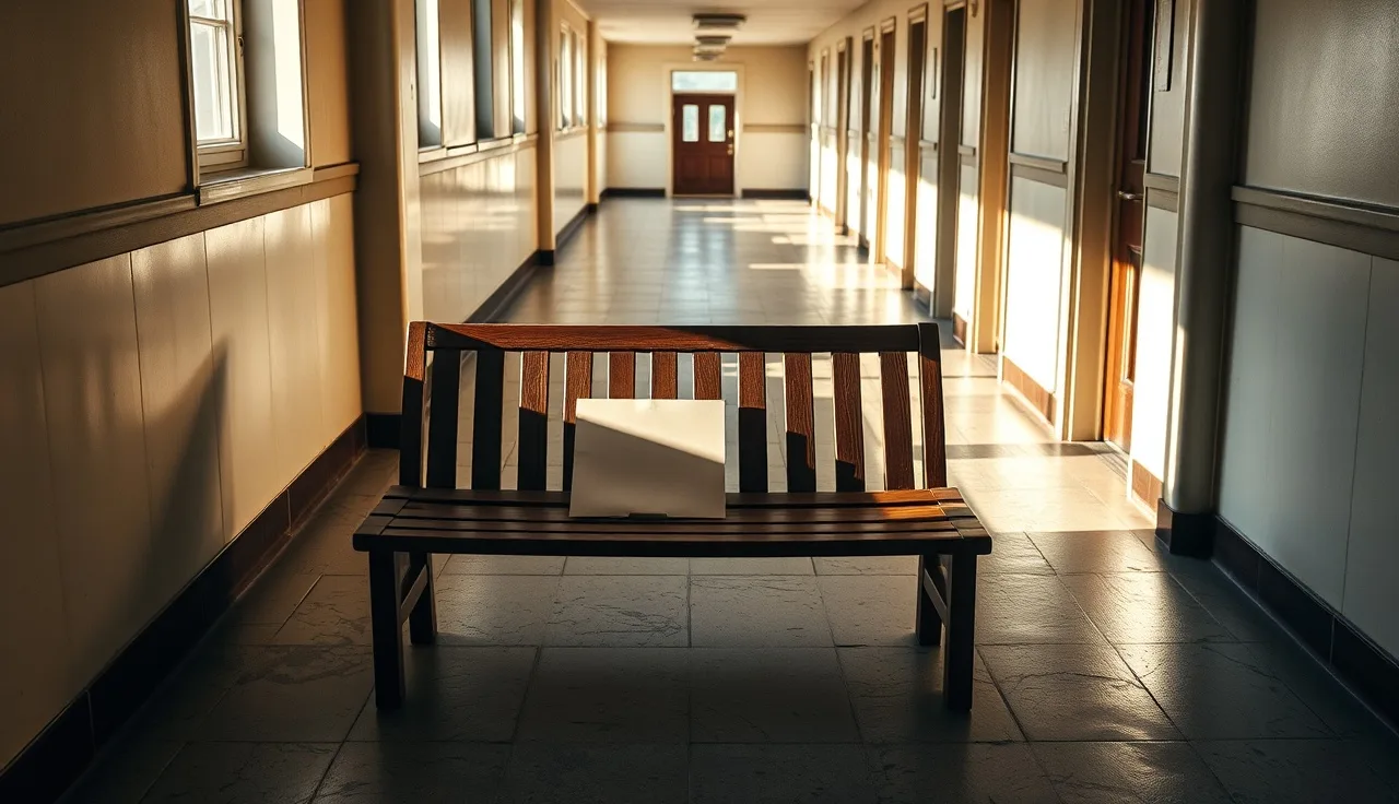 Empty hallway bench with a folder, suggesting a long disability hearing wait