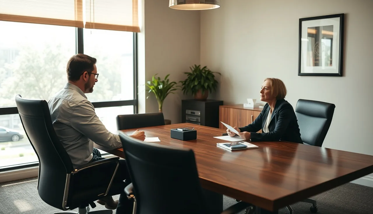 Client and disability hearing lawyer reviewing case documents at a conference table