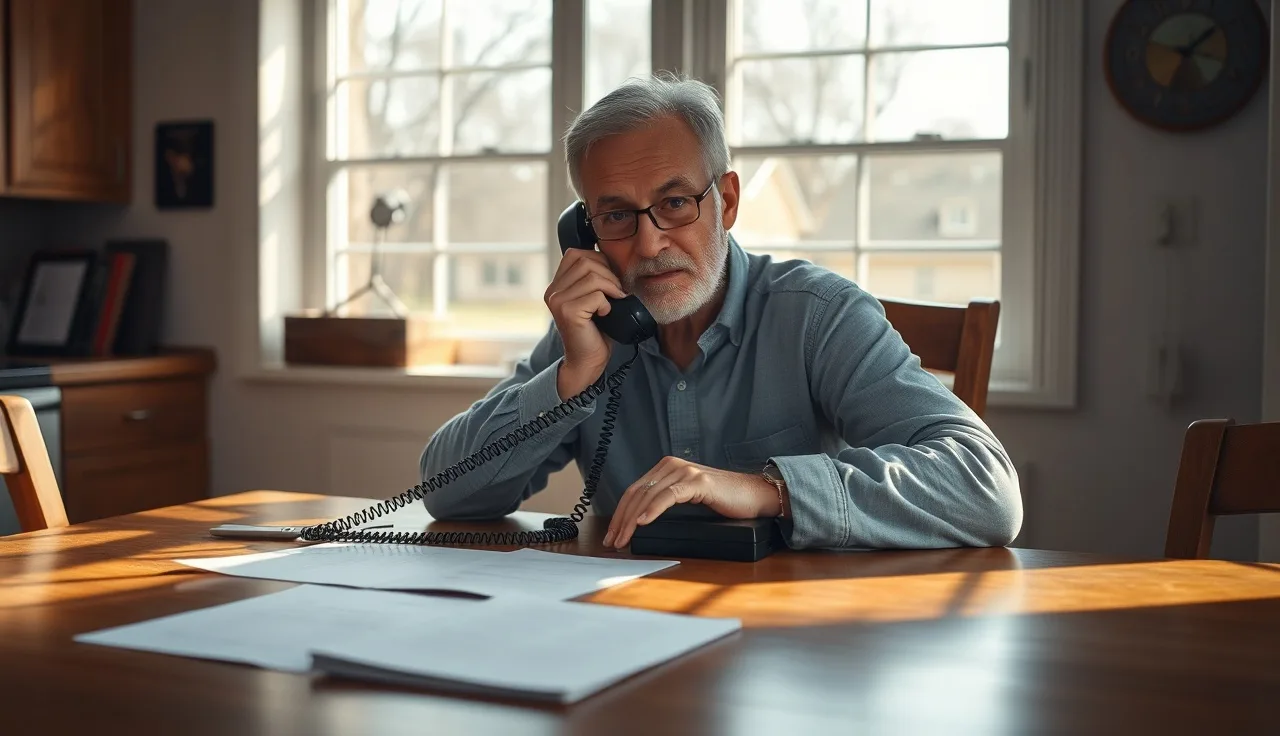 Person at kitchen table talking on telephone with disability hearing documents nearby