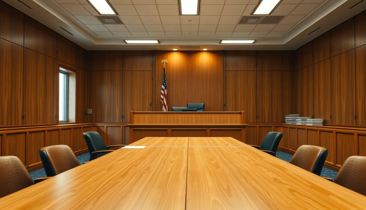 Empty Social Security disability hearing room with judge's desk and witness chairs