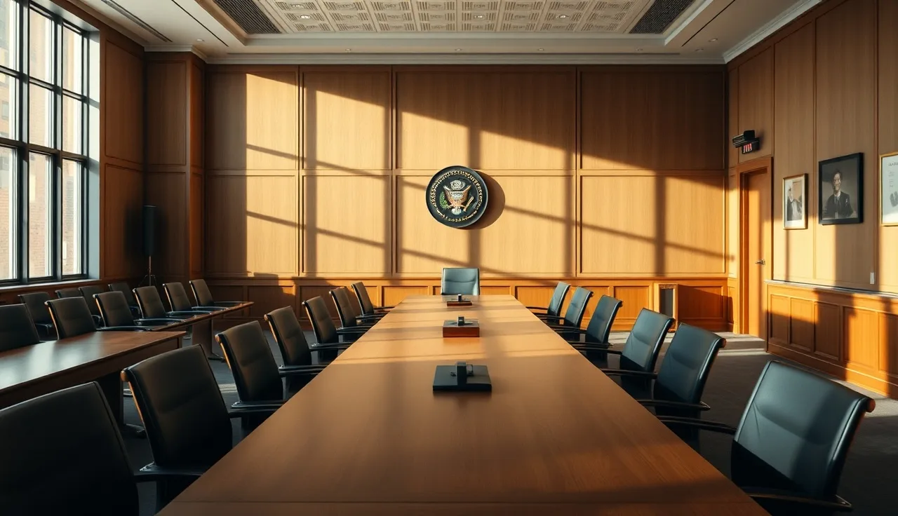 Empty federal hearing room with long wooden table and chairs for an SSDI disability hearing