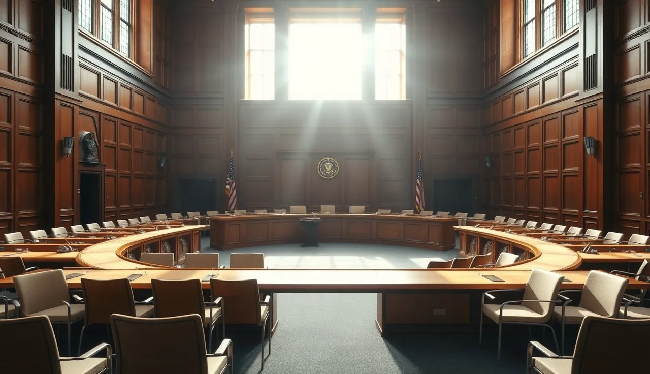 Empty Social Security disability hearing room with wood table and morning light
