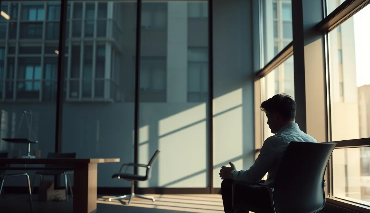 Person waiting alone in a law office for a disability consultation about depression