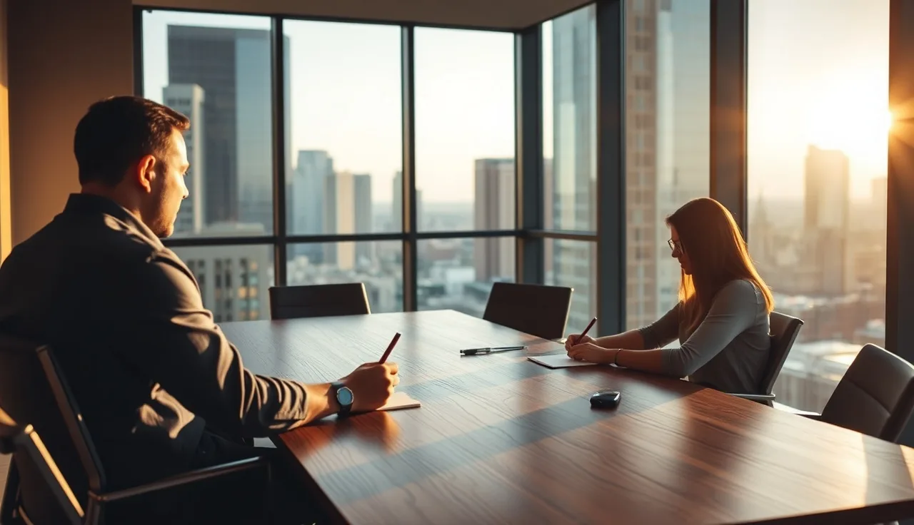 Two people at a conference table discussing a disability case in a Houston office