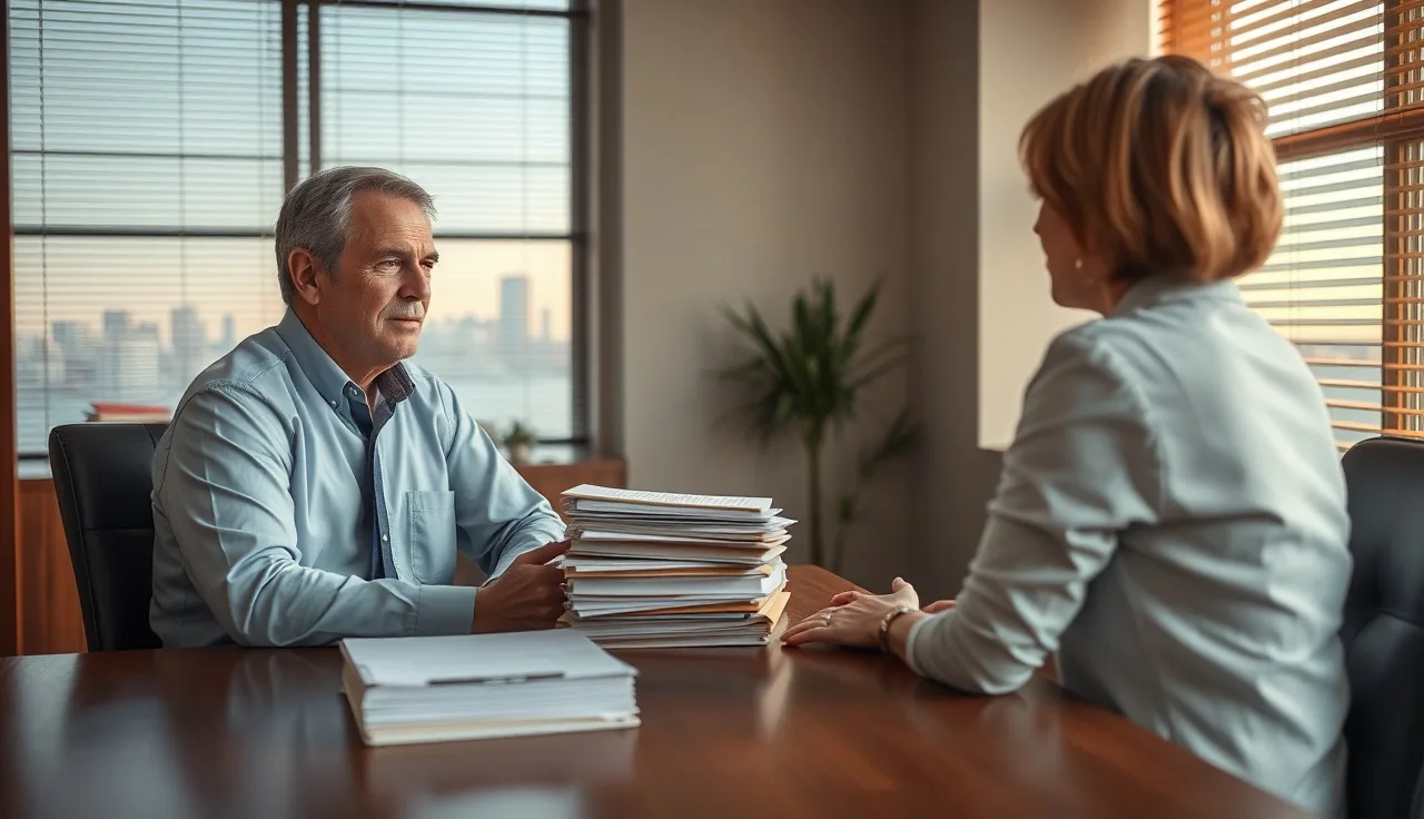 Man consulting with disability lawyer at wooden table in Mobile Alabama office
