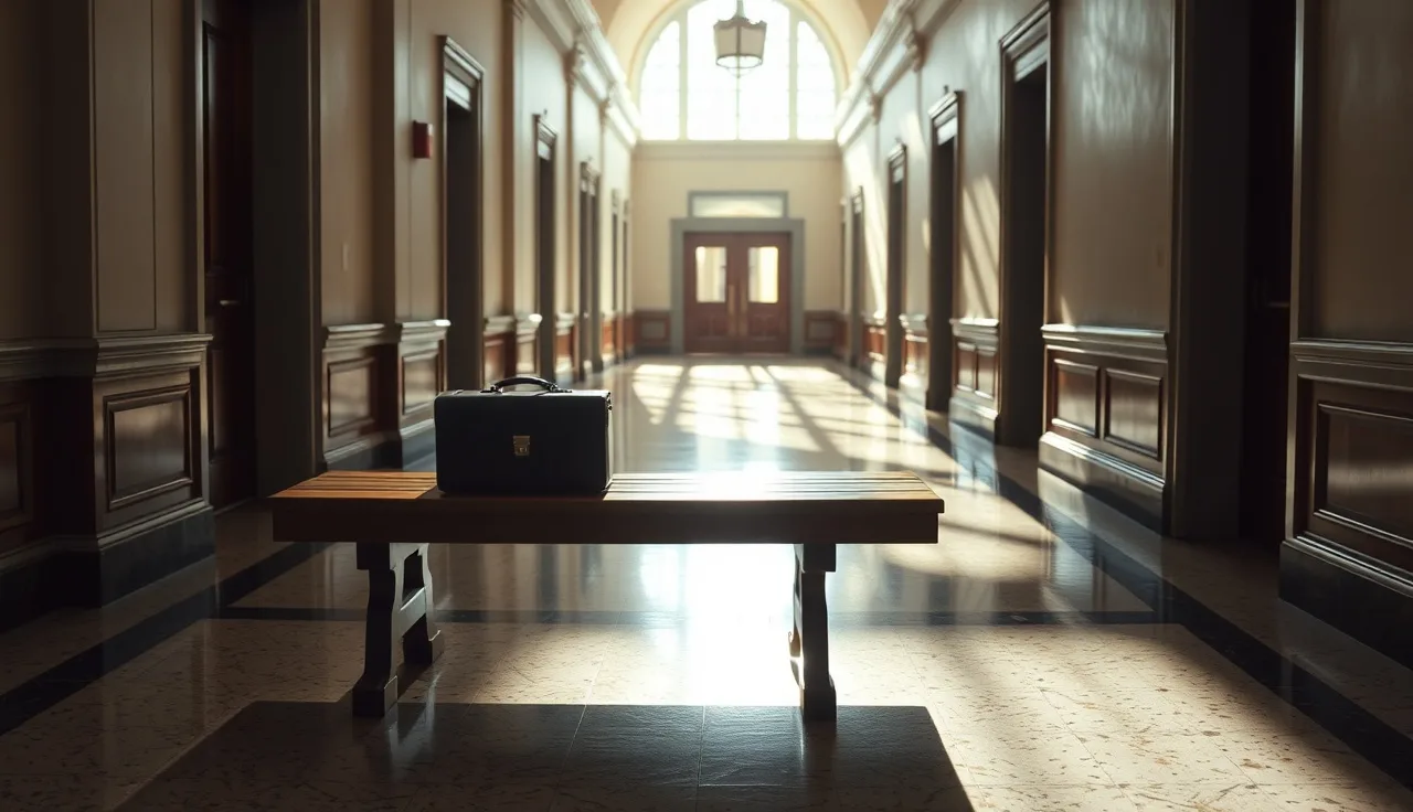 Empty courthouse bench with a briefcase, sunlit New Orleans federal building hallway