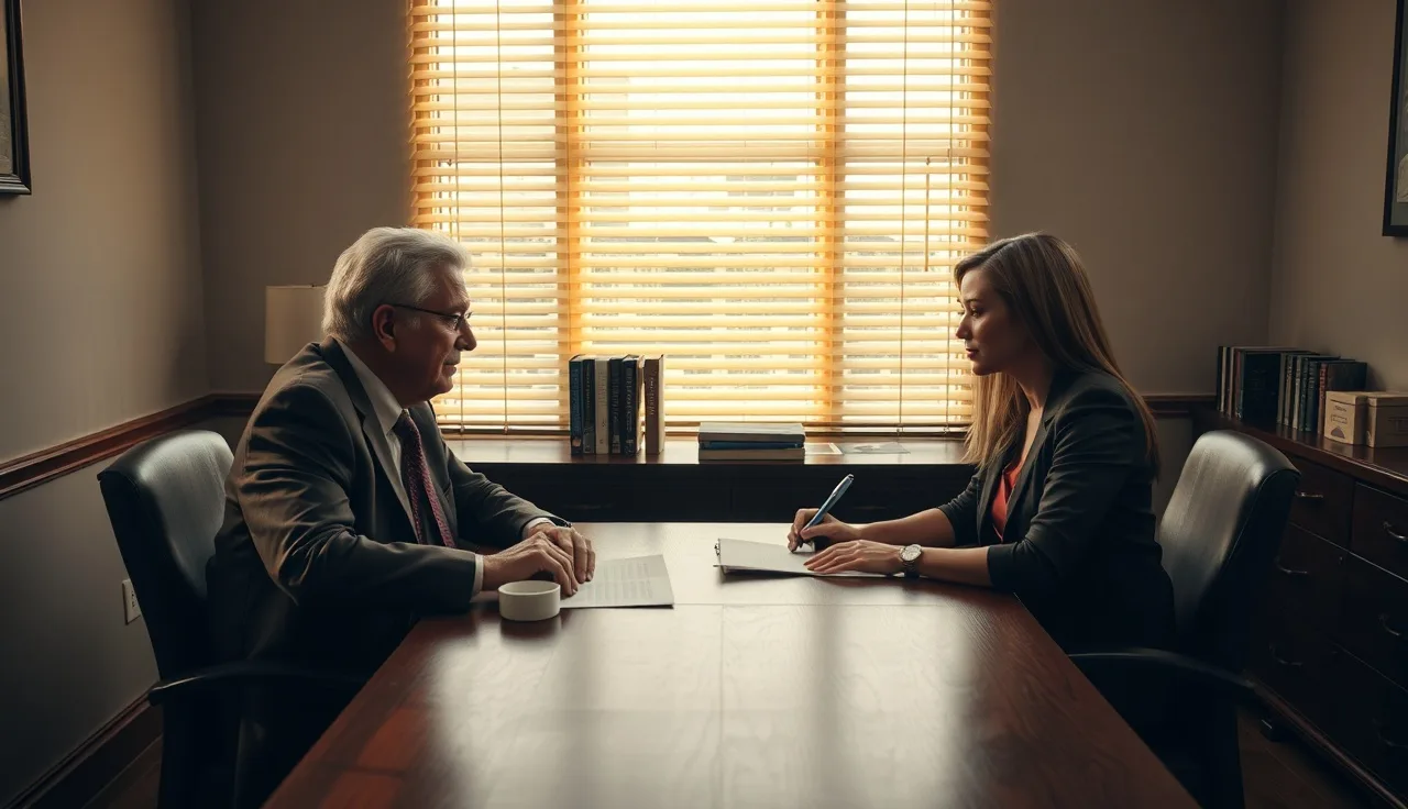 A disability claimant and a lawyer reviewing case documents at a wooden table in a law office