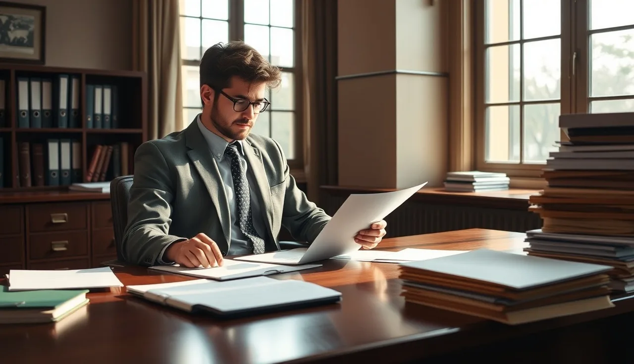 Person reviewing long-term disability claim documents at a law office desk