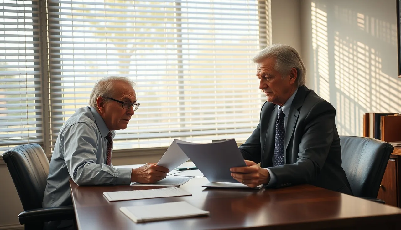 Man and attorney reviewing disability claim documents at a law office desk