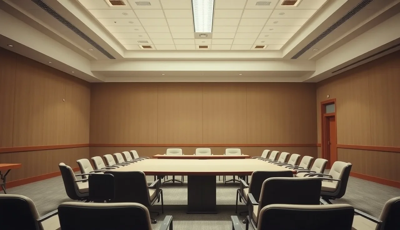 Empty Social Security disability hearing room with conference table and chairs