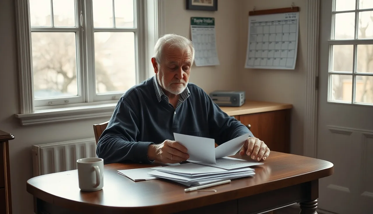Man at kitchen table looking at mail and calendar while waiting for disability hearing