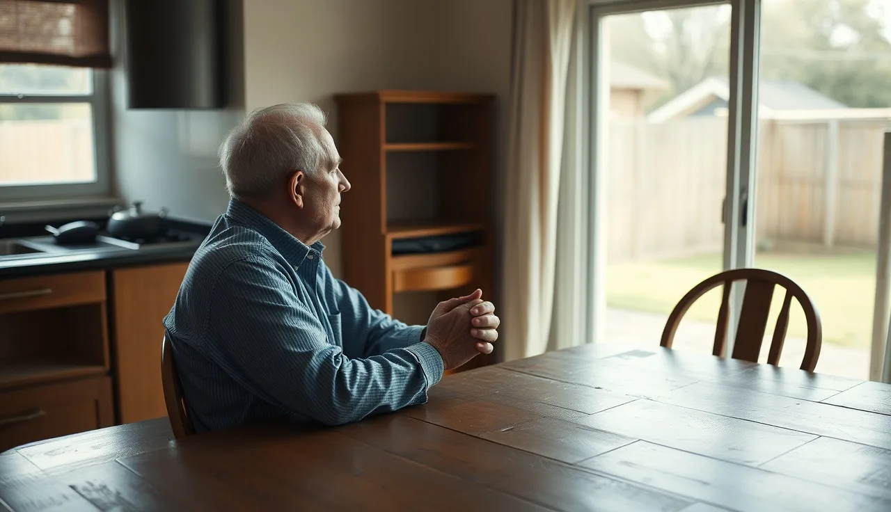 Older man waiting at kitchen table, morning light, SSDI appeals process