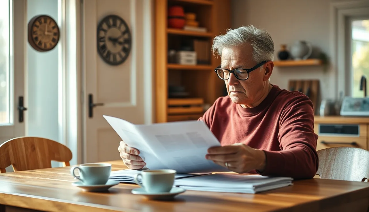 Person reviewing disability claim paperwork at kitchen table with coffee