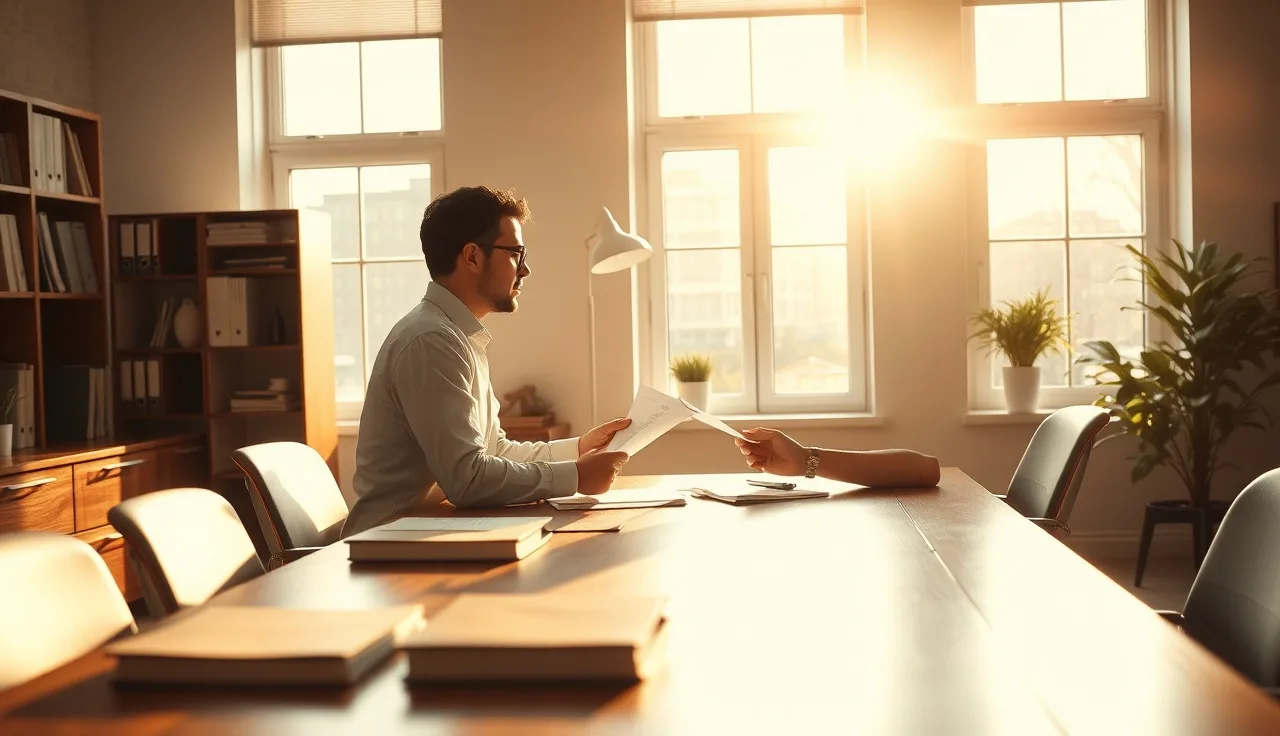 Person reviewing disability paperwork with a lawyer across a sunlit desk