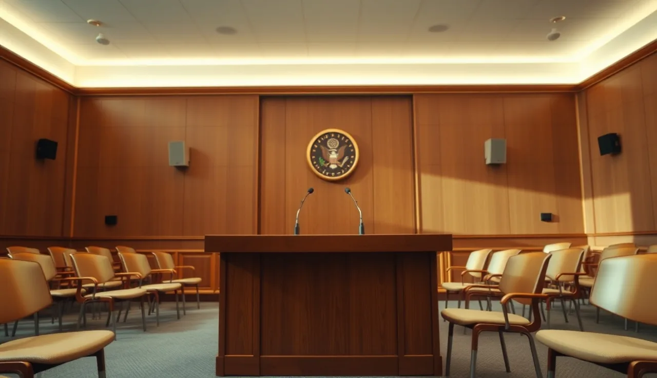 Empty ALJ hearing room with wooden table and microphones for disability testimony