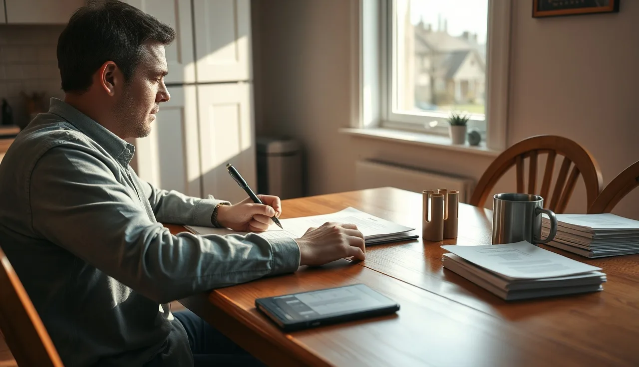 Person writing an appeal letter at a kitchen table with disability documents nearby