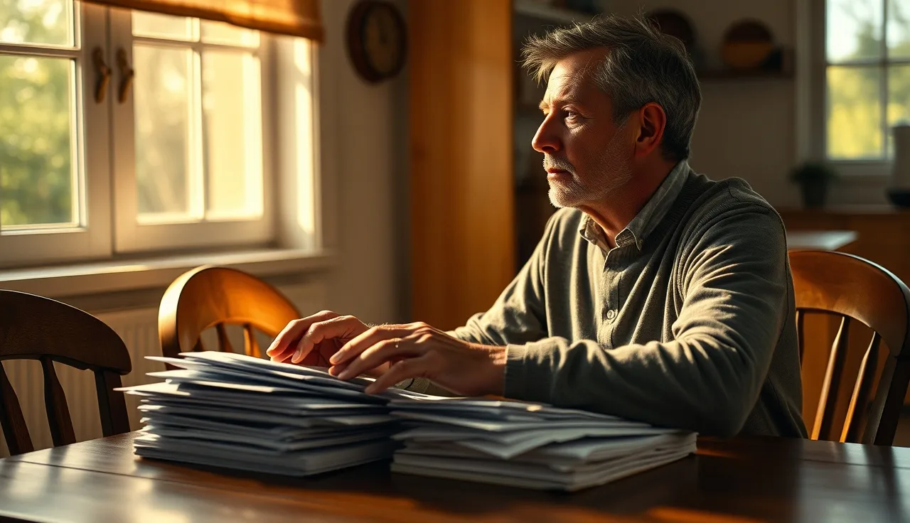 Person sitting at a kitchen table reviewing disability appeal paperwork in morning light