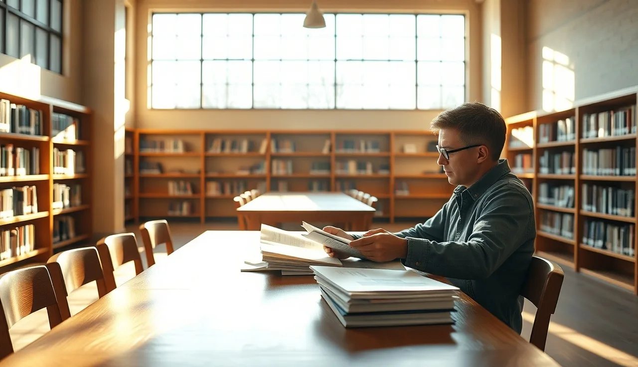 Person reviewing disability appeal documents at a library table in afternoon light