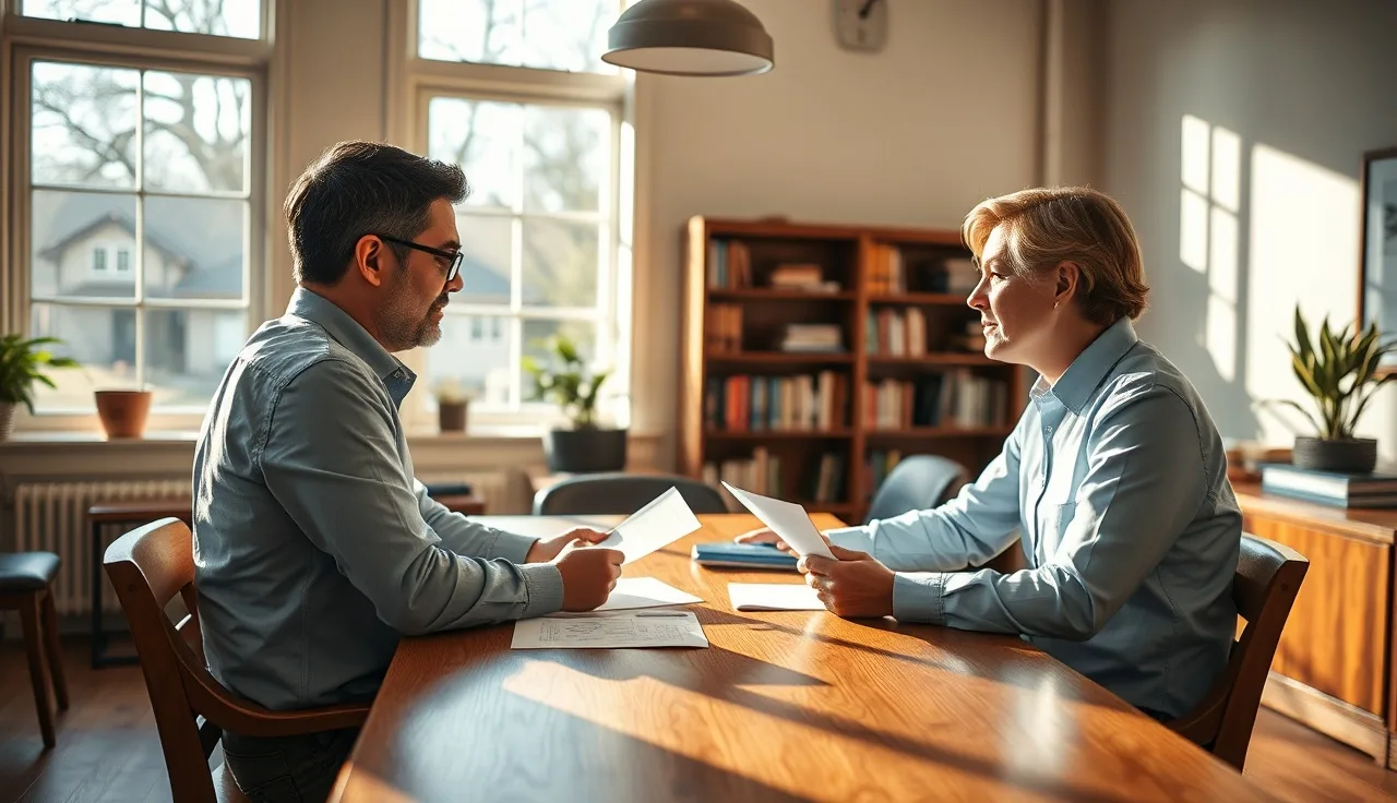 Two people reviewing disability case documents together at a legal office table
