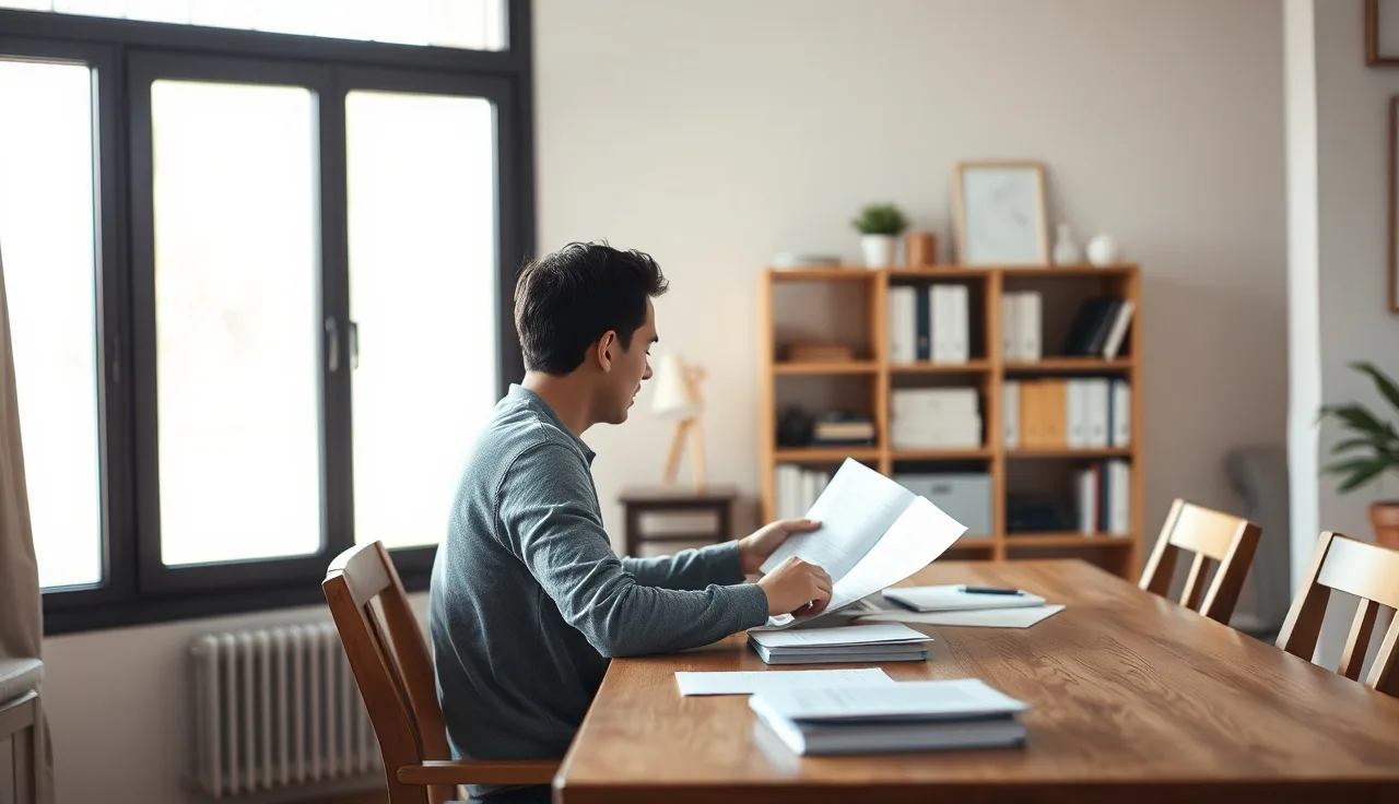 Person reviewing disability case paperwork alone at a home office table