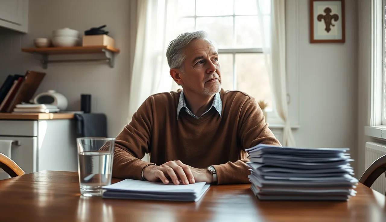 Person waiting at kitchen table with disability paperwork, looking toward window