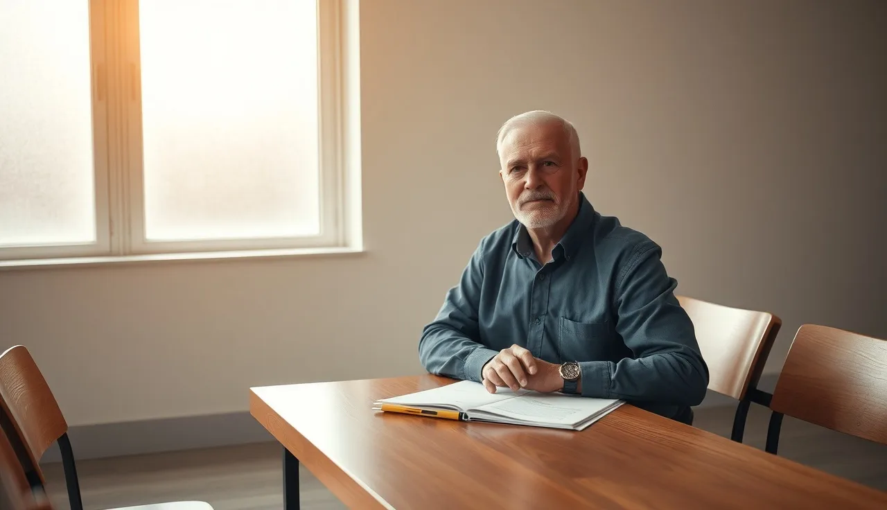 Person reviewing notes at a plain table before a disability hearing