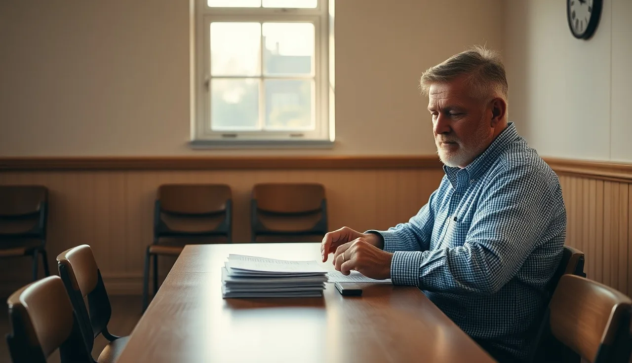 Person organizing medical paperwork at a table before a Social Security ALJ hearing