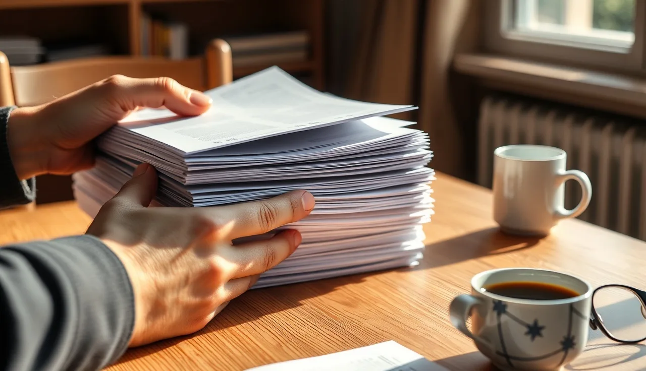 Person reviewing a thick tabbed exhibit file at a wooden table before an SSDI hearing