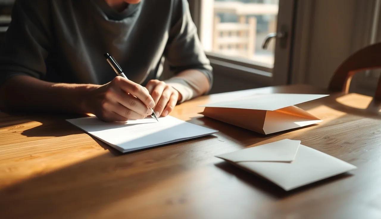 Person writing an ALJ hearing postponement request letter at a kitchen table