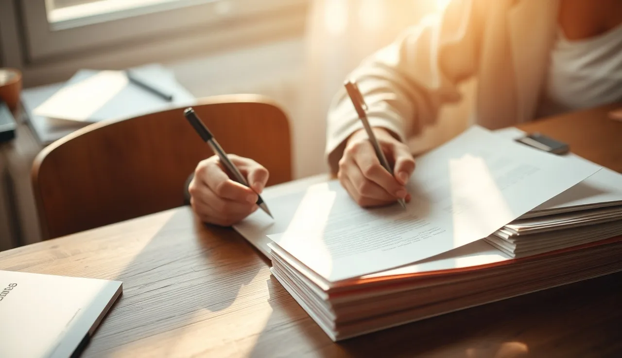 Person writing an on-the-record disability request letter at a desk with medical folders