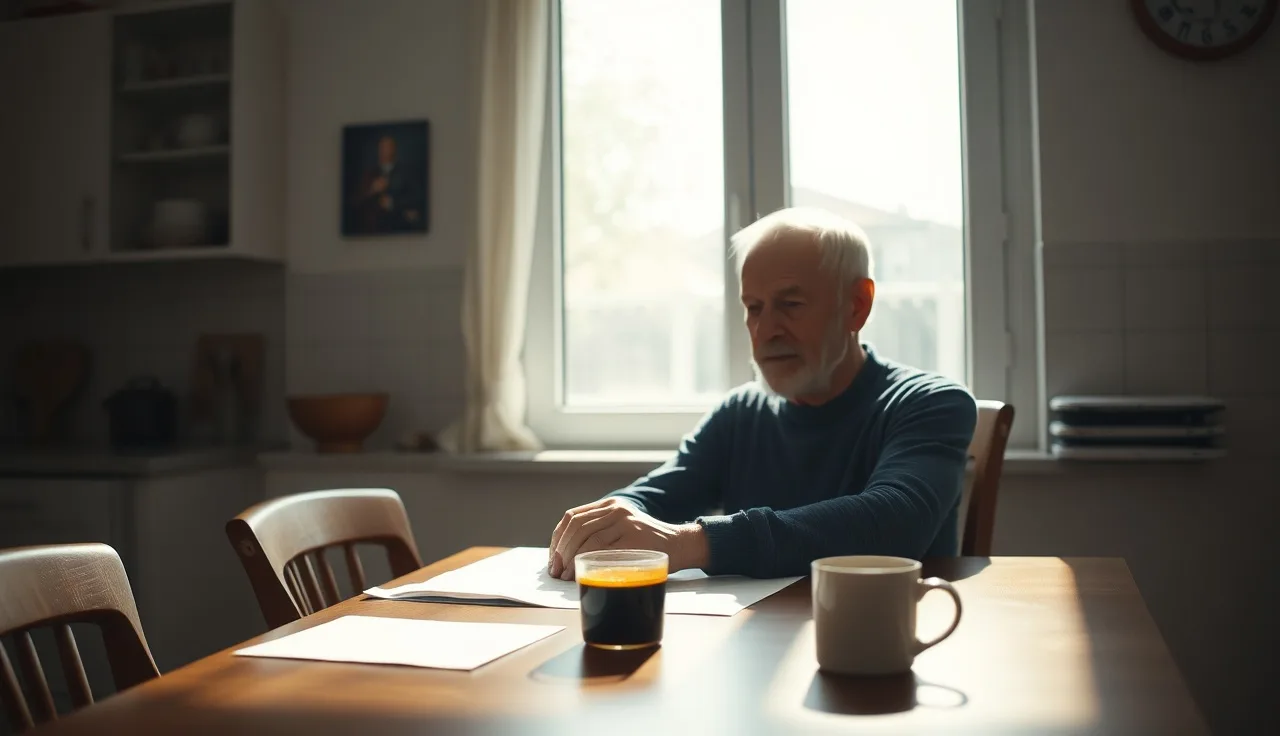 Man at kitchen table reviewing disability appeal paperwork in morning light