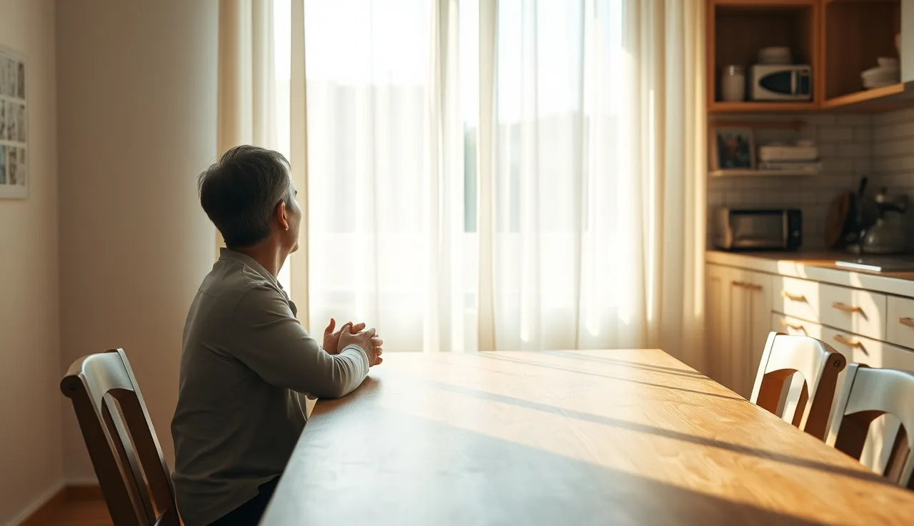 Person sitting alone at kitchen table in morning light, depression disability hearing concept