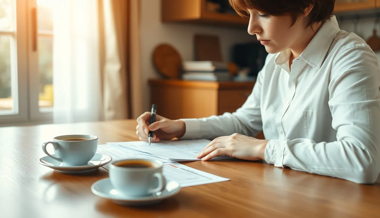Person reviewing disability appeal papers at a kitchen table in morning light