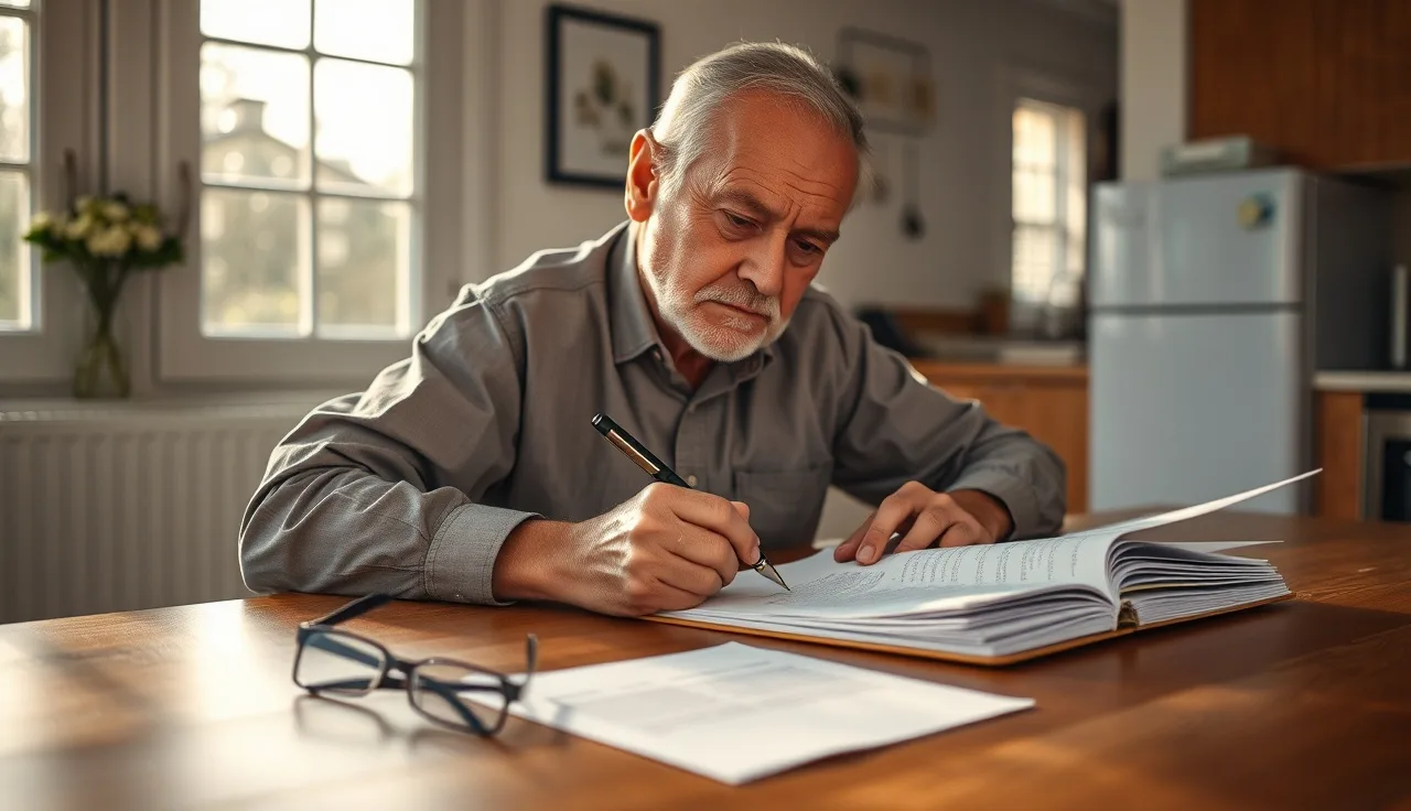 Man writing disability appeal documents at kitchen table with organized folders