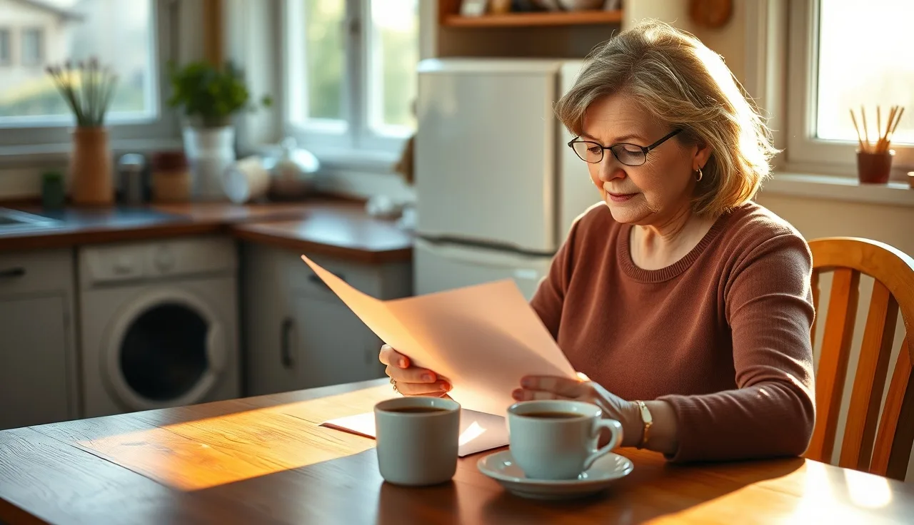 Woman reading an official letter at kitchen table after winning disability hearing