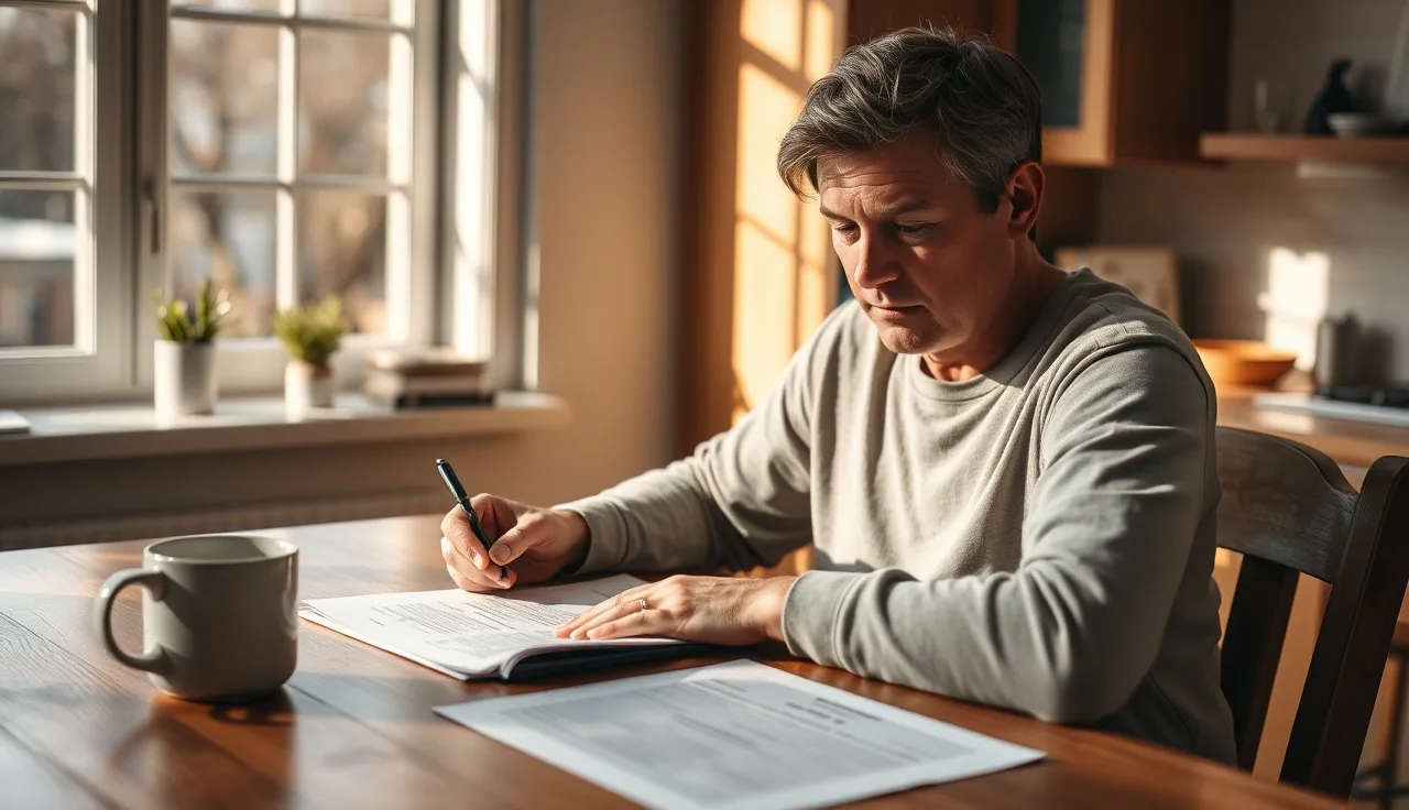 Person reviewing disability claim paperwork at a kitchen table in afternoon light