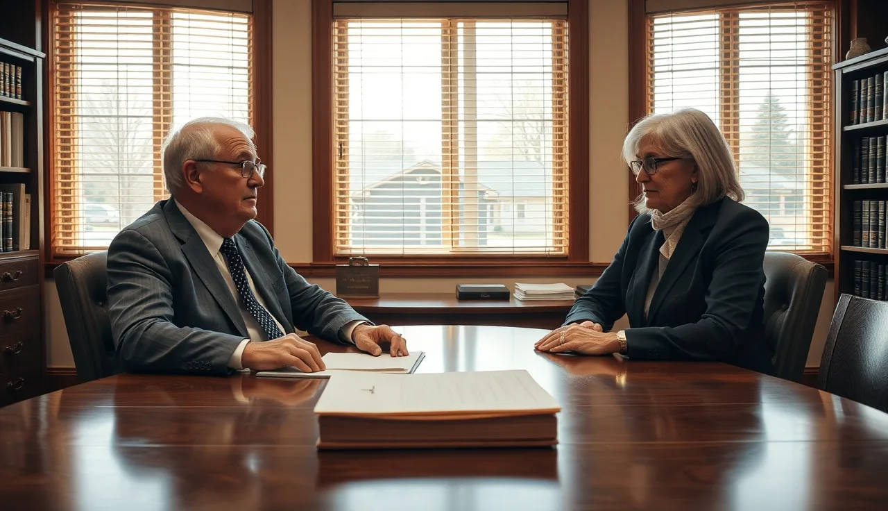 Older disabled man consulting with a disability lawyer at a wooden office table