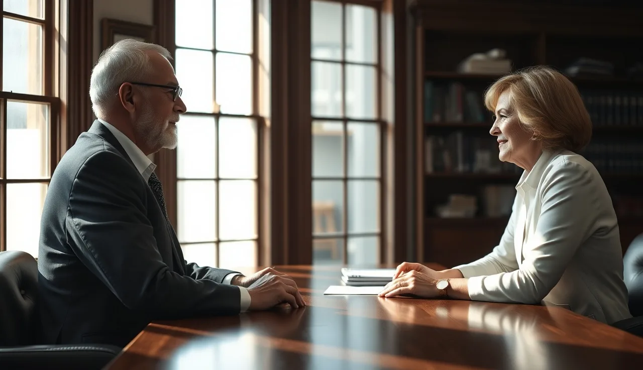 A disability claimant and attorney speaking at a wooden table in a law office