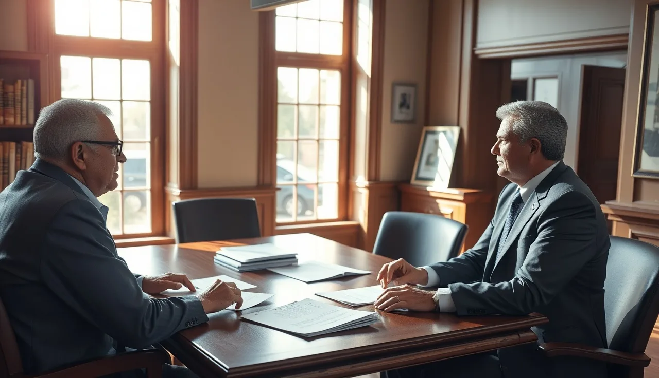 Veteran and military disability lawyer reviewing documents at a sunlit office table