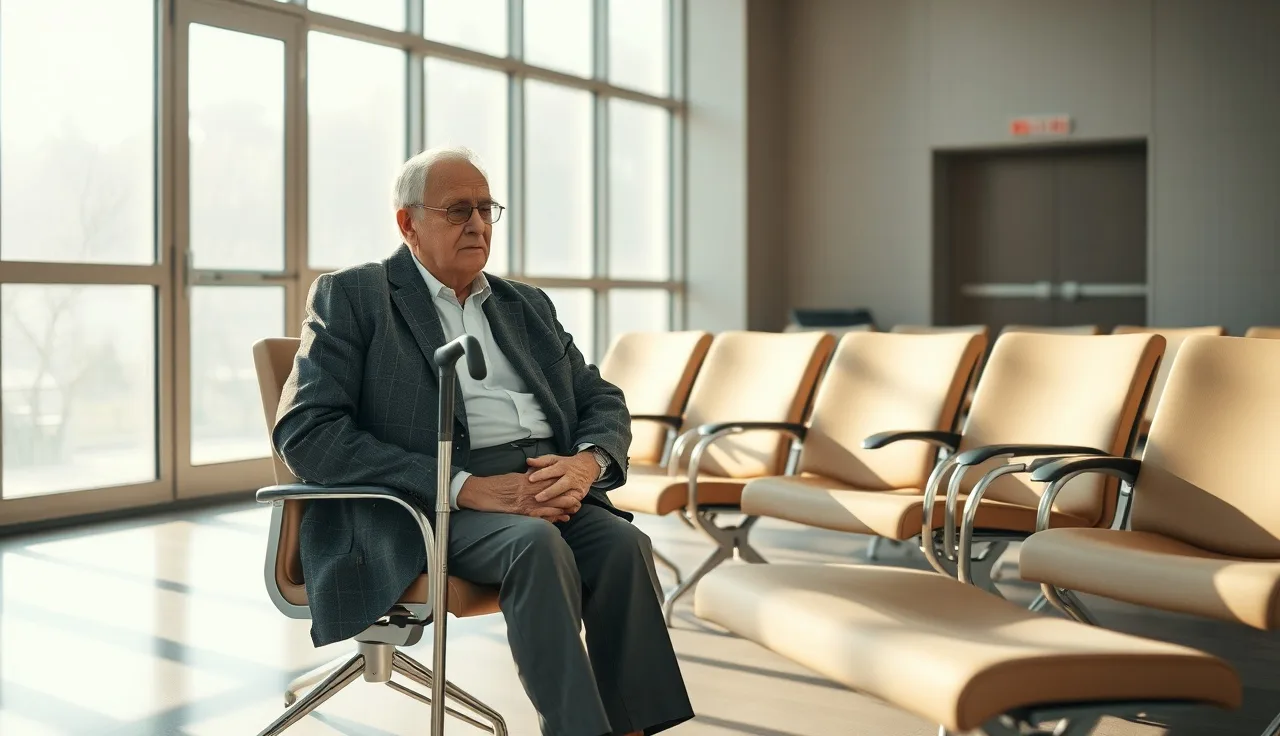 Older man with a cane waiting in a quiet government office waiting room