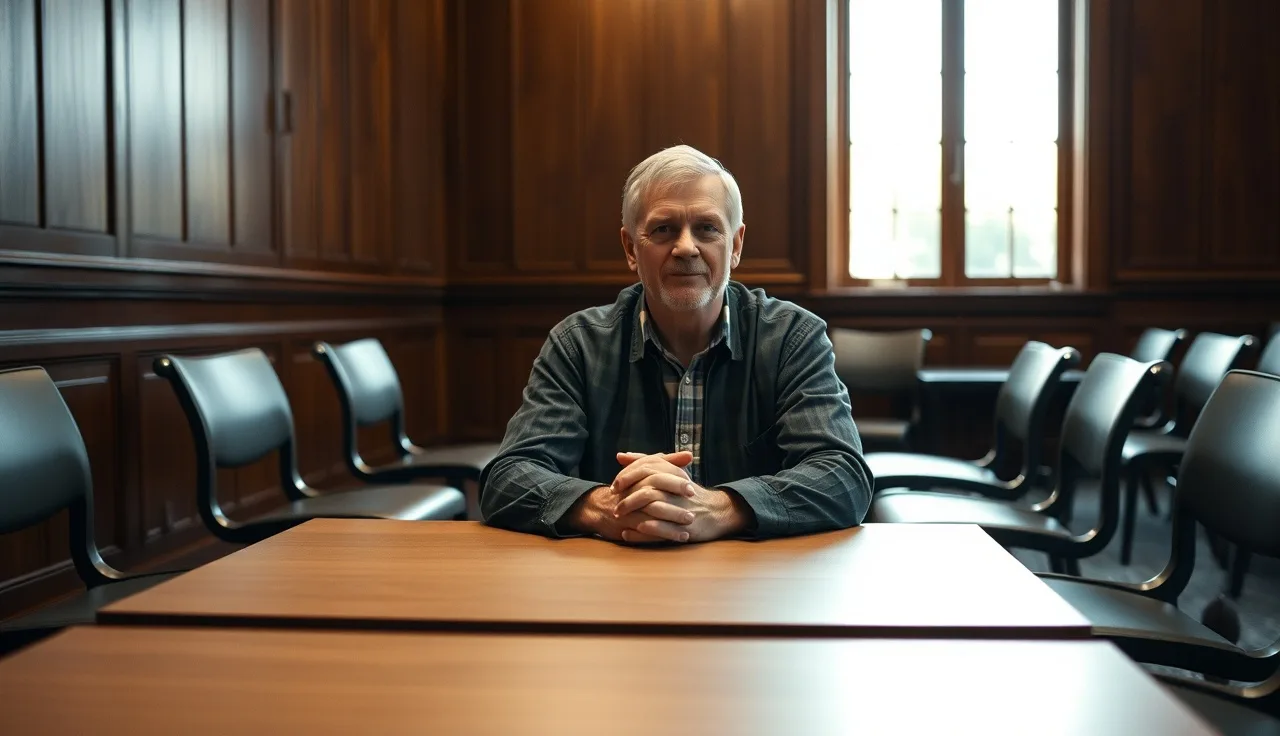 Person seated alone at a hearing room table waiting for a disability hearing to begin