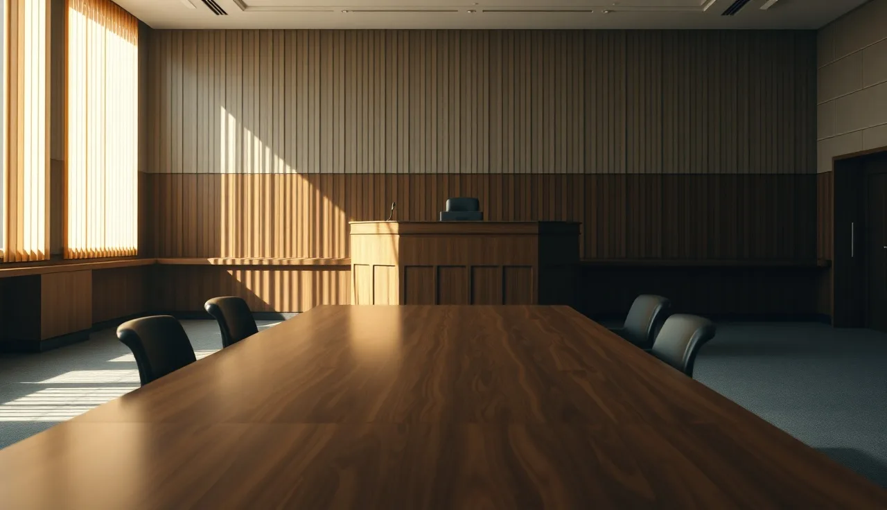 Empty disability hearing room with judge's desk and two chairs in afternoon light