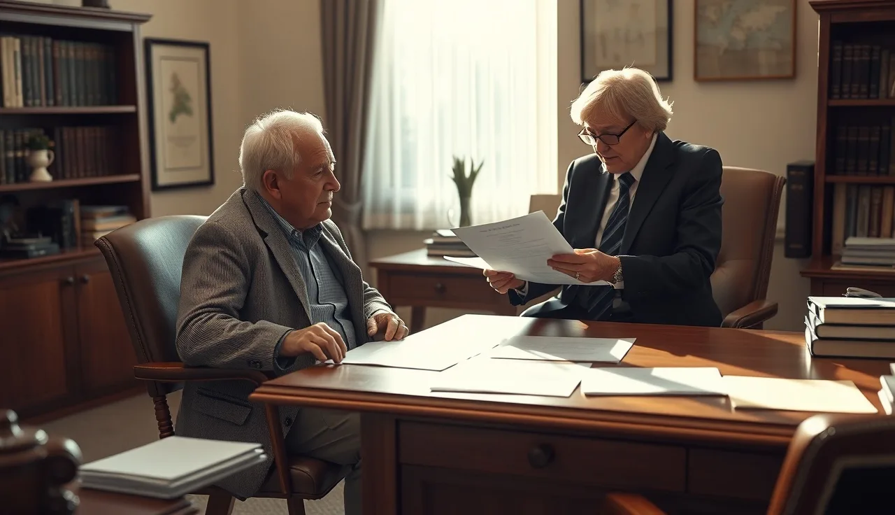 Disability claimant meeting with attorney at a wooden desk reviewing documents