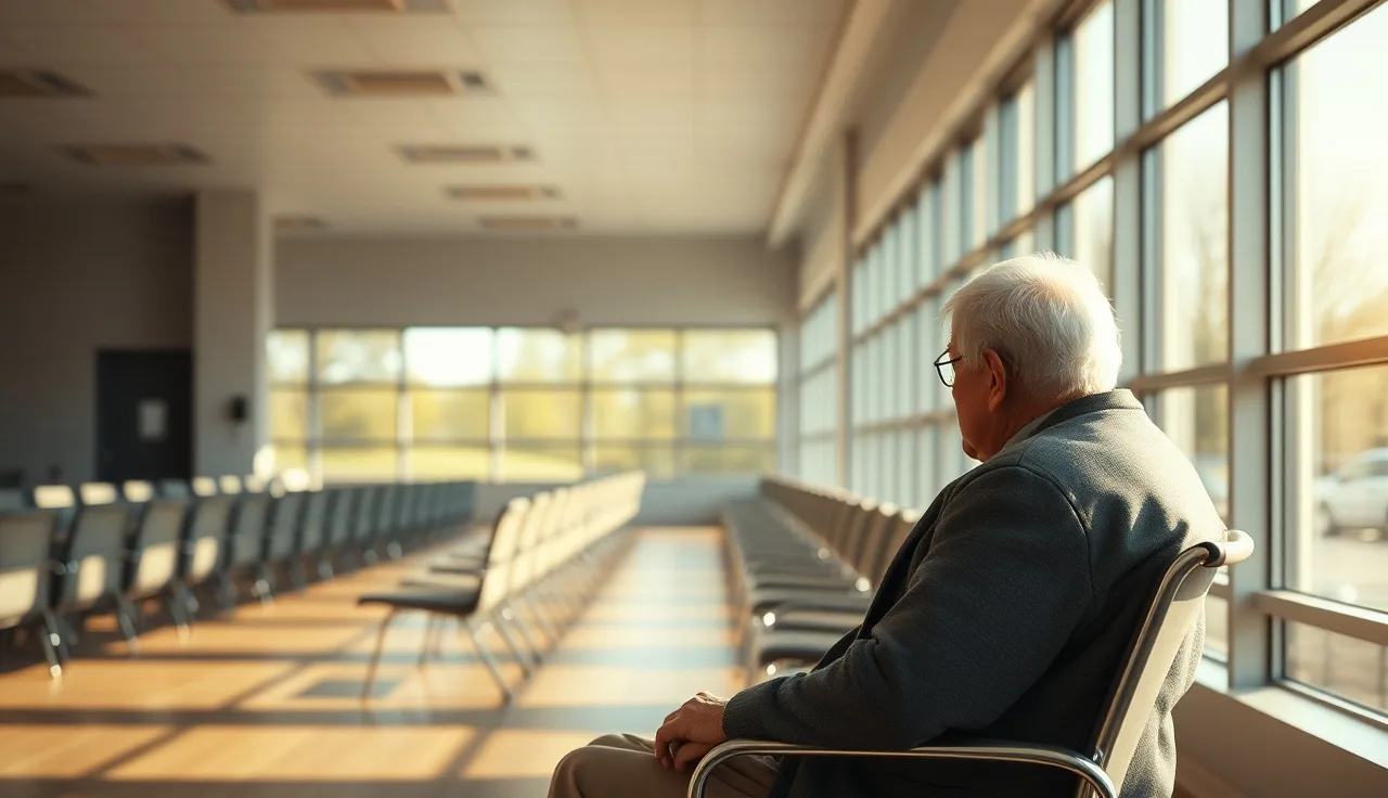 Elderly man waiting alone in a sunlit government office waiting room
