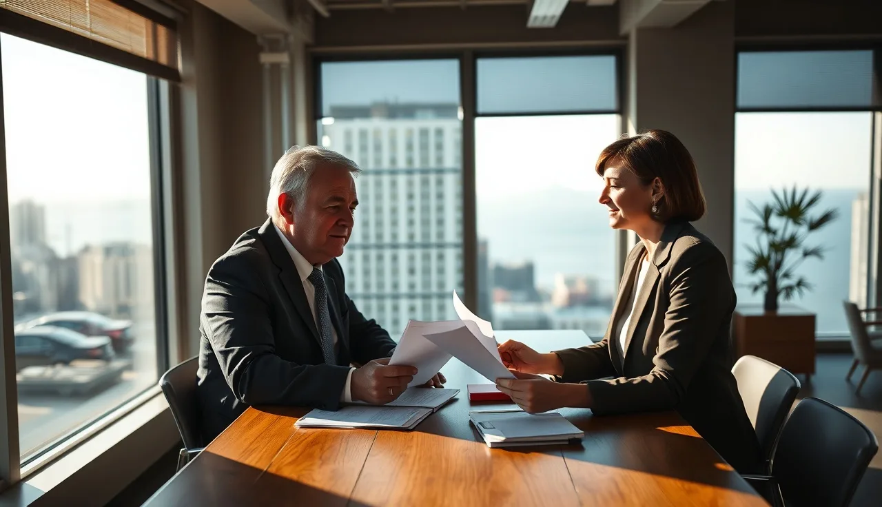 Attorney and client reviewing disability case papers in a Chicago office with lake view