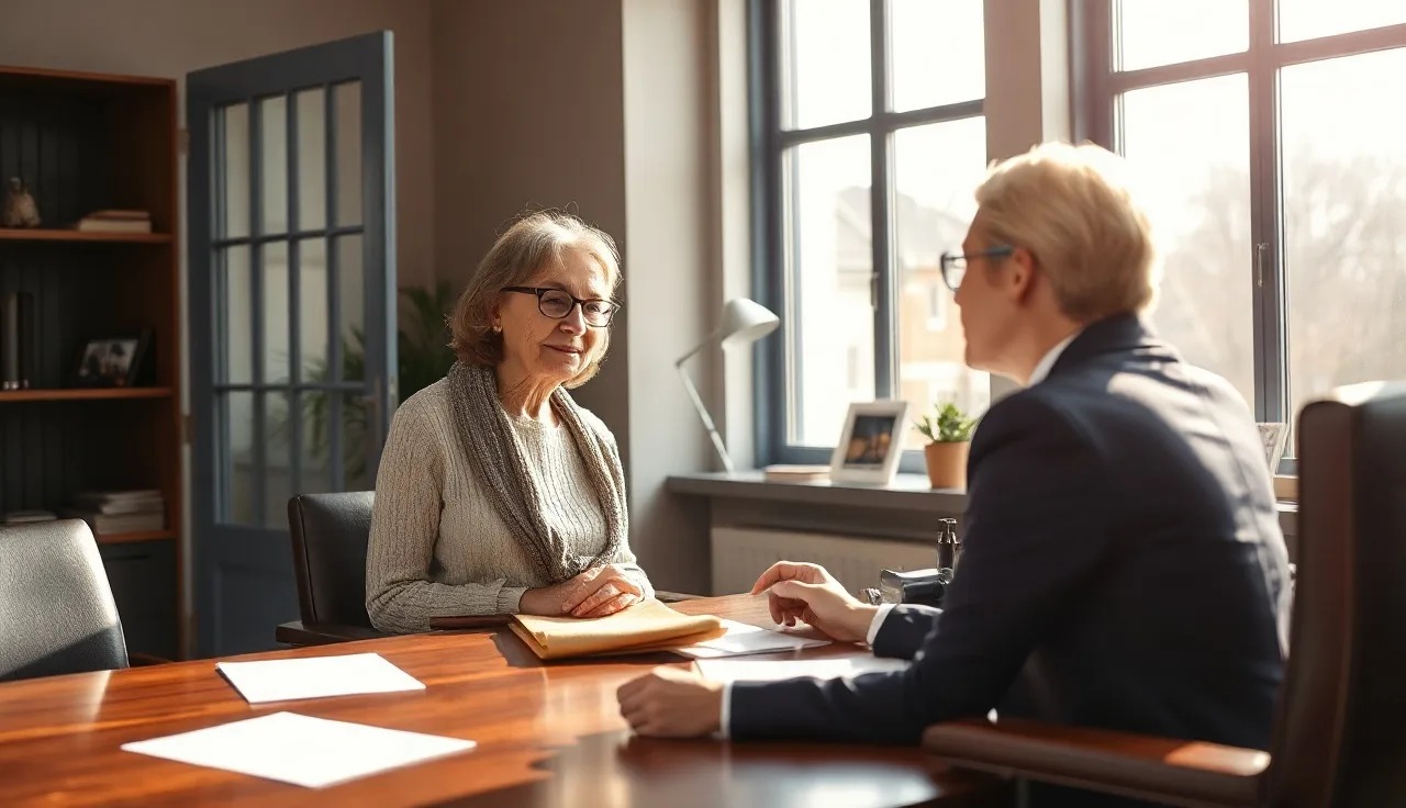 Woman with cane meeting with disability hearing lawyer at wooden office table